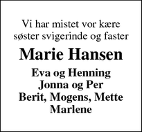 Dødsannoncen for Marie Hansen - Kloster