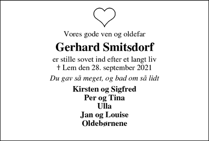 Dødsannoncen for Gerhard Smitsdorf - Lem St 