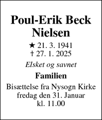 Dødsannoncen for Poul-Erik Beck Nielsen - RINGKØBING