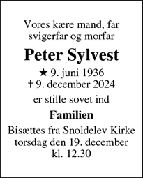 Dødsannoncen for Peter Sylvest - Roskilde