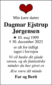 Dødsannoncen for Dagmar Ejstrup
Jørgensen - Varde