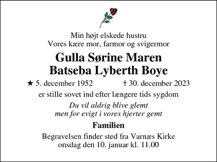 Dødsannoncen for Gulla Sørine Maren
Batseba Lyberth Boye - Egernsund 