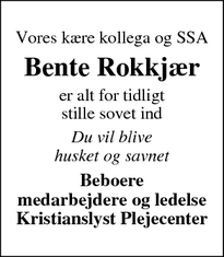 Dødsannoncen for Bente Rokkjær - Thisted