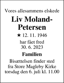 Dødsannoncen for Liv Moland-Petersen - Dragør