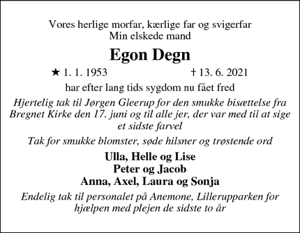 Dødsannoncen for  Egon Degn - Rønde/Ebeltoft