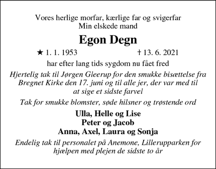 Dødsannoncen for  Egon Degn - Rønde/Ebeltoft