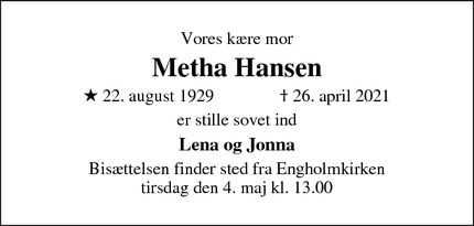 Dødsannoncen for Metha Hansen - Lillerød