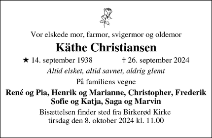 Dødsannoncen for Käthe Christiansen - Birkerød