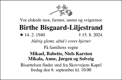 Dødsannoncen for Birthe Bisgaard-Liljestrand - Værløse