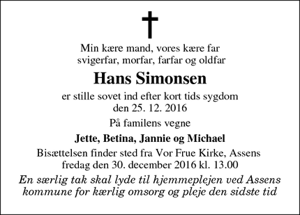 Dødsannoncen for  Hans Simonsen  - Assens