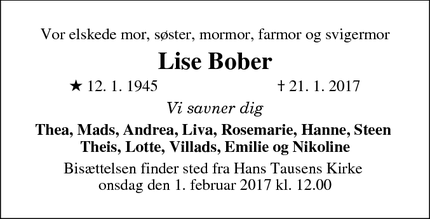 Dødsannoncen for Lise Bober - Odense