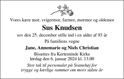 Dødsannoncen for Sus Knudsen - Kerteminde