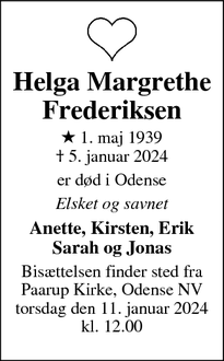 Dødsannoncen for Helga Margrethe
Frederiksen - Odense