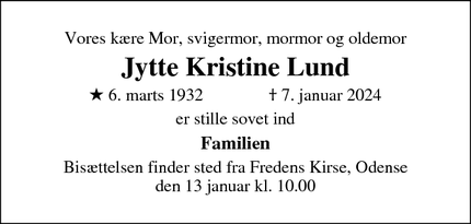 Dødsannoncen for Jytte Kristine Lund - odense