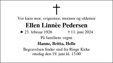 Dødsannoncen for Ellen Linnèe Pedersen - 5750 Ringe