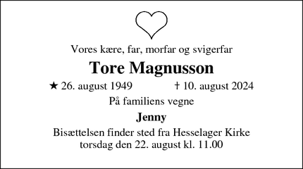 Dødsannoncen for Tore Magnusson - Hesselager