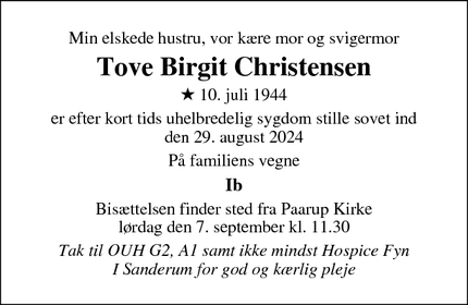 Dødsannoncen for Tove Birgit Christensen - Odense