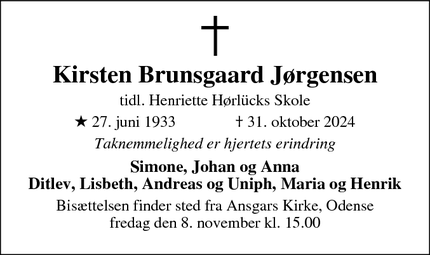 Dødsannoncen for Kirsten Brunsgaard Jørgensen - Odense