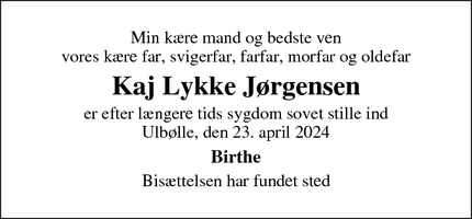 Dødsannoncen for Kaj Lykke Jørgensen - Bagtoften 1E, Ulbølle, 5762 V. Skerninge