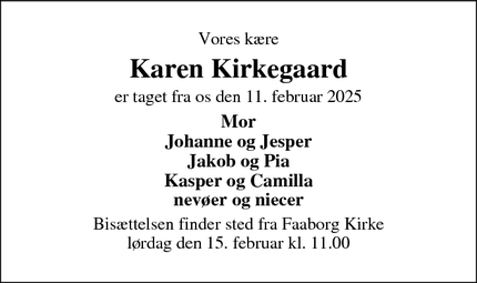 Dødsannoncen for Karen Kirkegaard - Faaborg