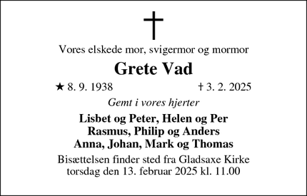 Dødsannoncen for Grete Vad - Søborg