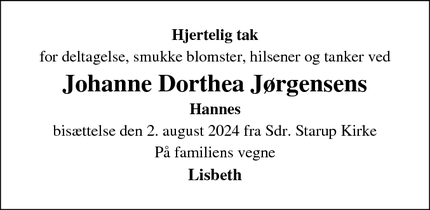 Taksigelsen for Johanne Dorthea Jørgensen - Haderslev