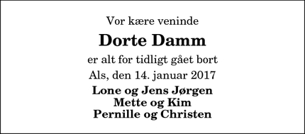 Dødsannoncen for Dorte Damm - Als