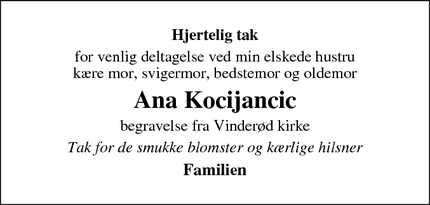 Dødsannoncen for Ana Kocijancic - Frederiksværk