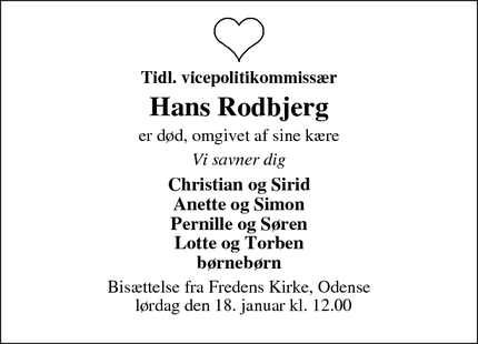 Dødsannoncen for  Hans Rodbjerg - 5000 Odense