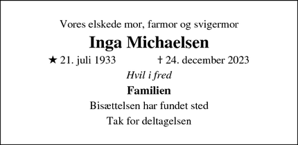 Dødsannoncen for Inga Michaelsen - Haslev