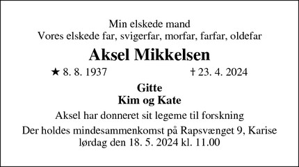 Dødsannoncen for Aksel Mikkelsen - karise