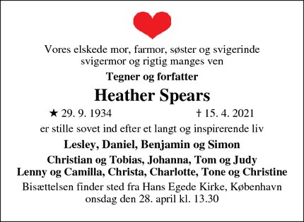 Dødsannoncen for  Heather Spears - Frederiksberg 