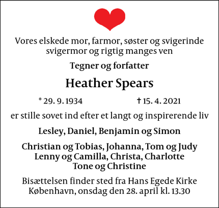 Dødsannoncen for  Heather Spears - Frederiksberg 