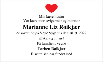 Dødsannoncen for Marianne Liz Røikjær - BARRIT