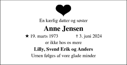 Dødsannoncen for Anne Jensen - Espergærde