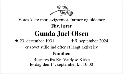 Dødsannoncen for Gunda Juel Olsen - Herlev