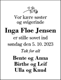 Dødsannoncen for Inga Fløe Jensen - Videbæk