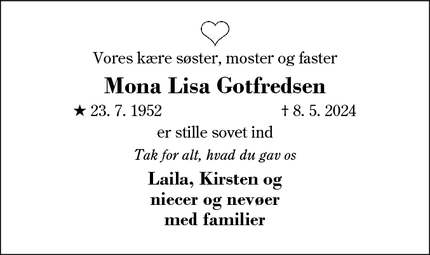 Dødsannoncen for Mona Lisa Gotfredsen - Herning