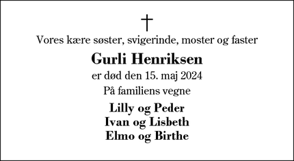 Dødsannoncen for Gurli Henriksen - Skjern