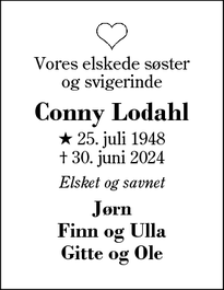 Dødsannoncen for Conny Lodahl - Vejle