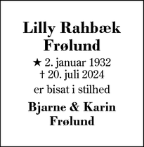 Dødsannoncen for Lilly Rahbæk
Frølund - Tune