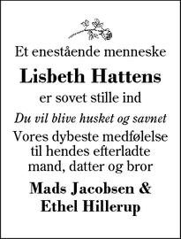 Dødsannoncen for Lisbeth Hattens - Herning