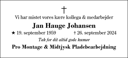 Dødsannoncen for Jan Hauge Johansen - Herning