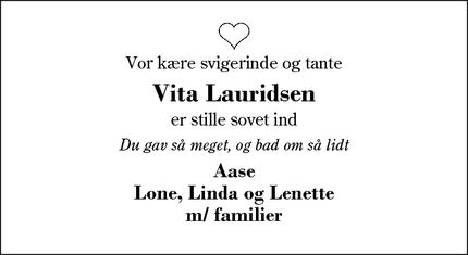 Dødsannoncen for Vita Lauridsen - Vildbjerg