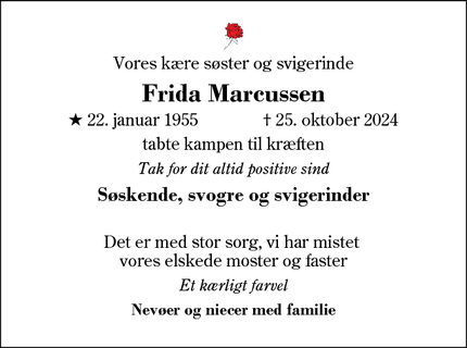 Dødsannoncen for Frida Marcussen - Vildbjerg