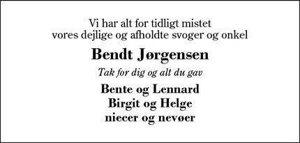 Dødsannoncen for Bendt Jørgensen - Snejbjerg