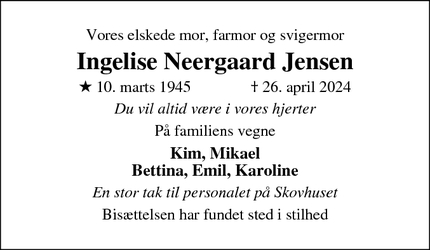Dødsannoncen for Ingelise Neergaard Jensen - Hillerød 