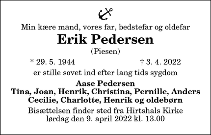 Dødsannoncen for Erik Pedersen - Sindal