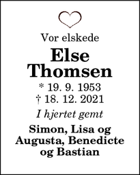 Dødsannoncen for Else
Thomsen - Ålestrup