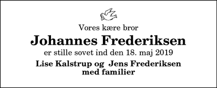 Dødsannoncen for Johannes Frederiksen - Hobro